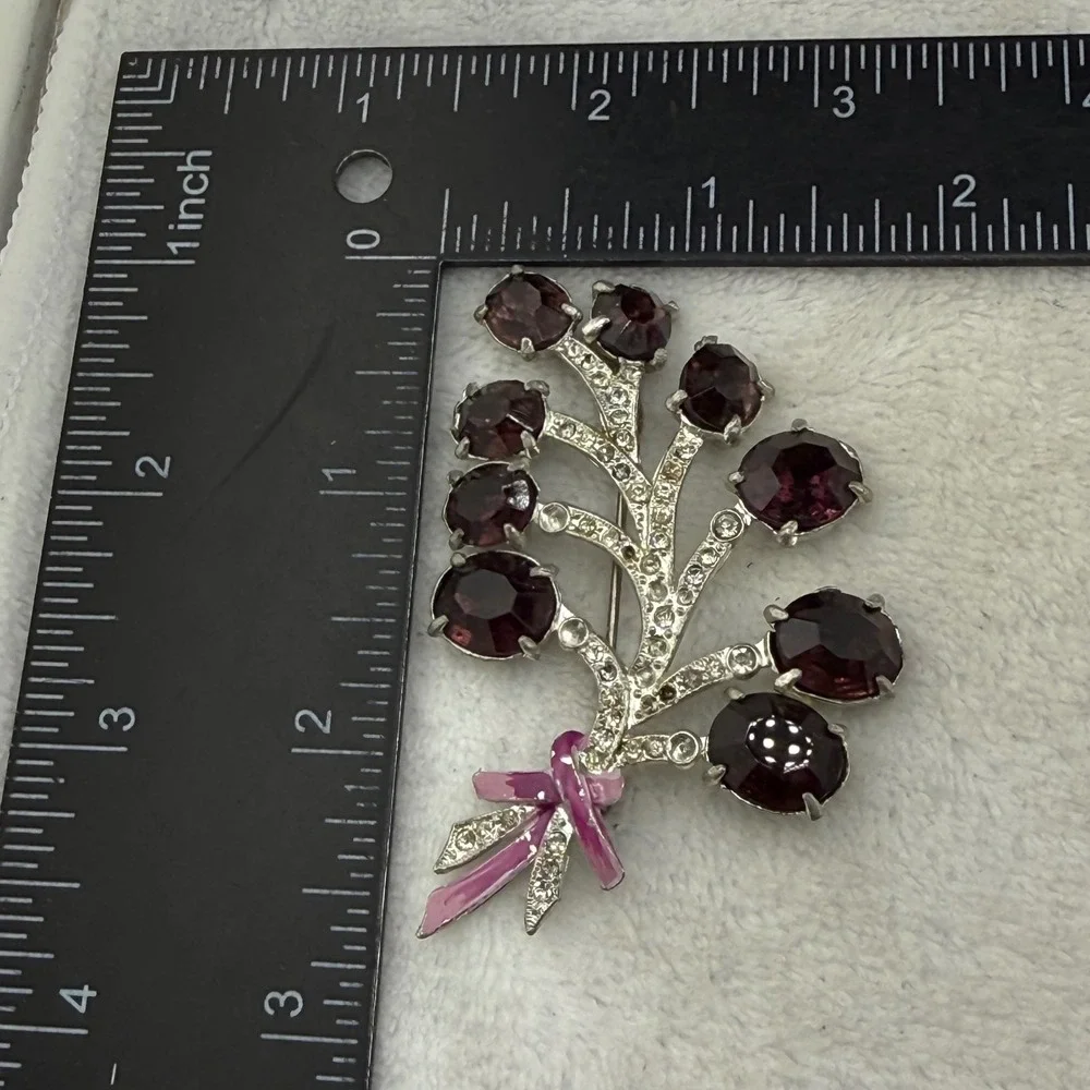 Vintage Rhinestone Brooch Purple Silver Floral Spray